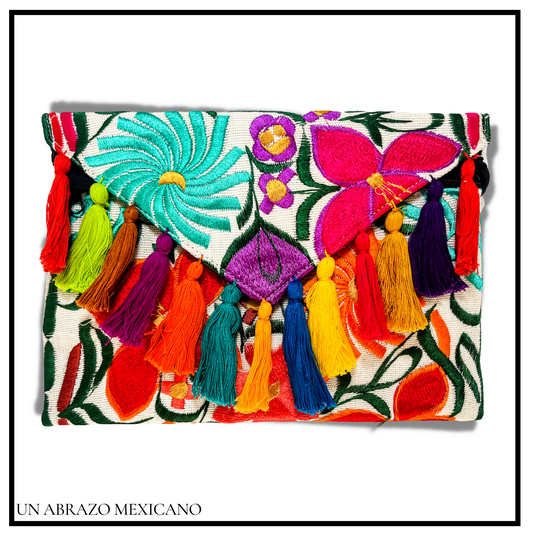 Embroidered Envelope Tassel Clutch